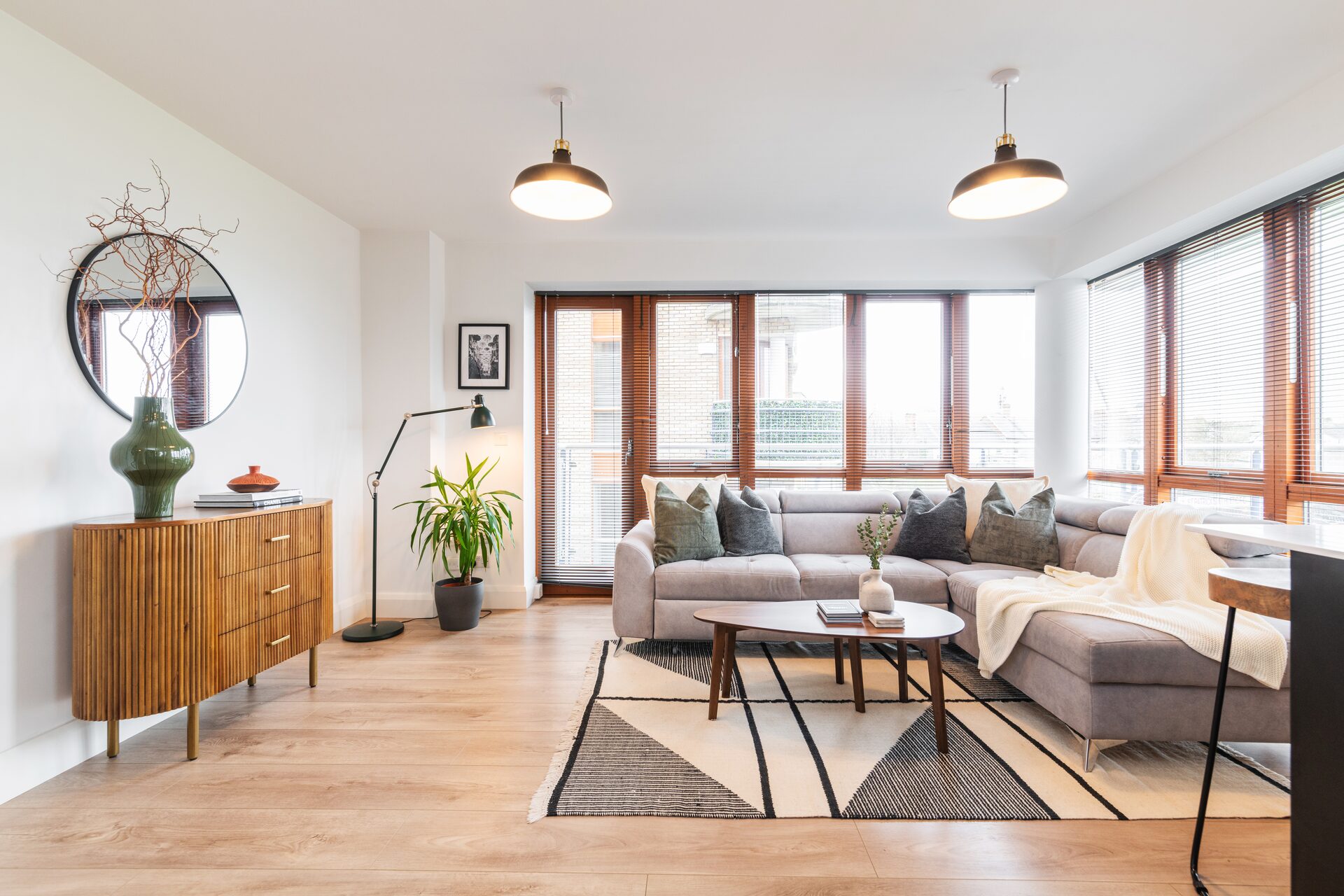Stylish living room of an EirStay-managed serviced apartment in Dublin — corporate short-let hosting for property owners